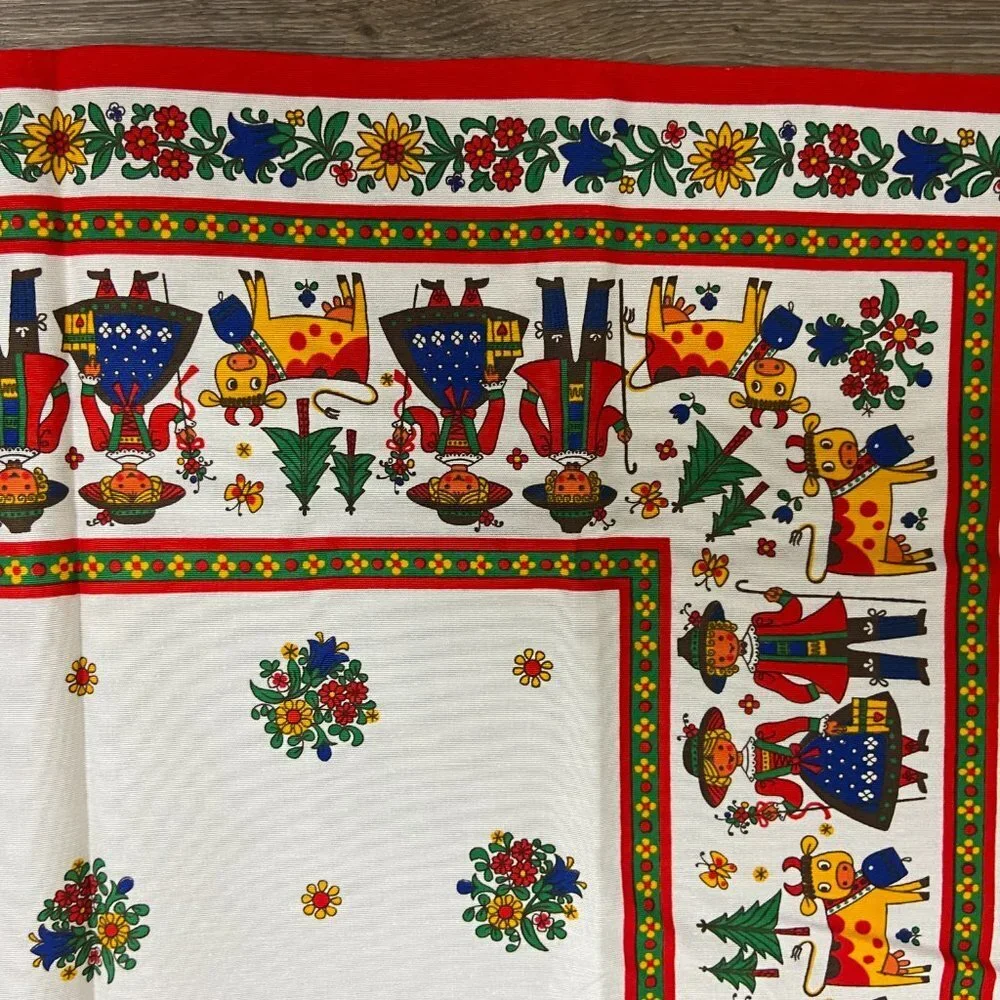 NWOT Vintage Tablecloth Austrian German Folk Art Green Red Square Bright Festive